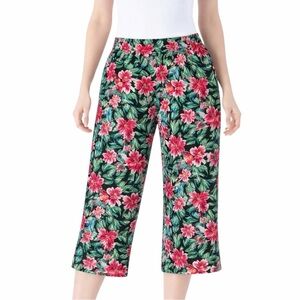 CARIBBEAN JOE Flowy Floral Wide Leg Capri Pants with Elastic Waist